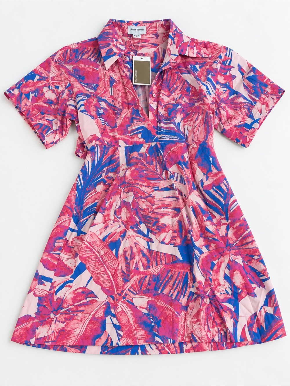 Tropical Pink & Blue Short-Sleeve Shirt Dress